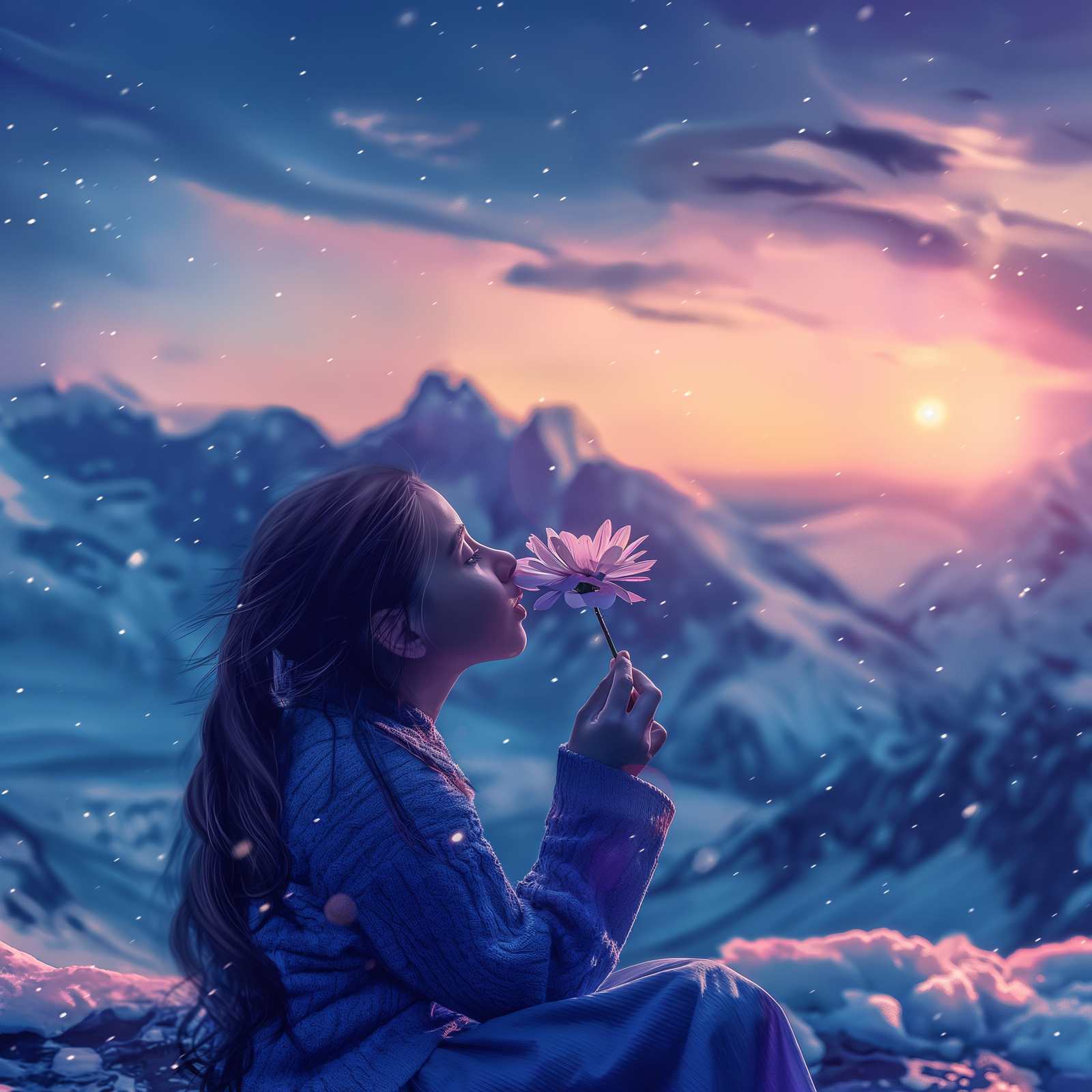 Mädchen im Schnee riecht an Blume vor Sonnenuntergang in den Alpen – Symbol für emotionale Kraft von Düften