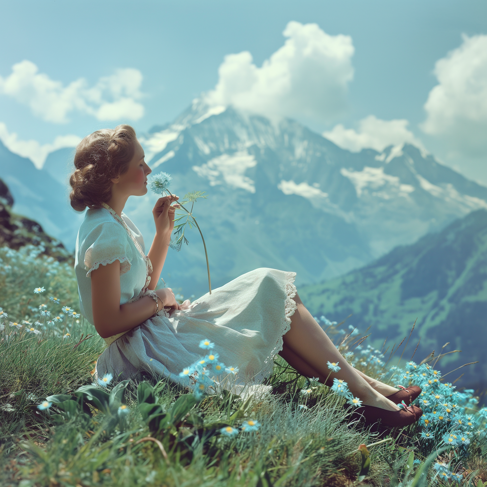 Vintage-Szene einer Frau in den Alpen an einem heißen Sommertag – Symbol für stilvolle Frische und Leichtigkeit
