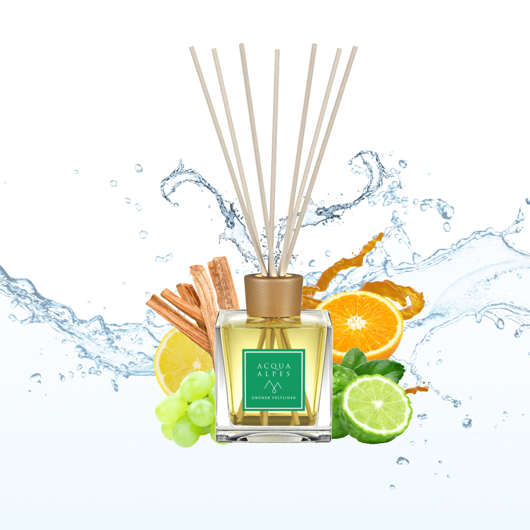 Duftnoten des Raumdufts Grüner Veltliner: Bergamotte, Zitrone, Orange, Weißwein-Akkord, Holznoten